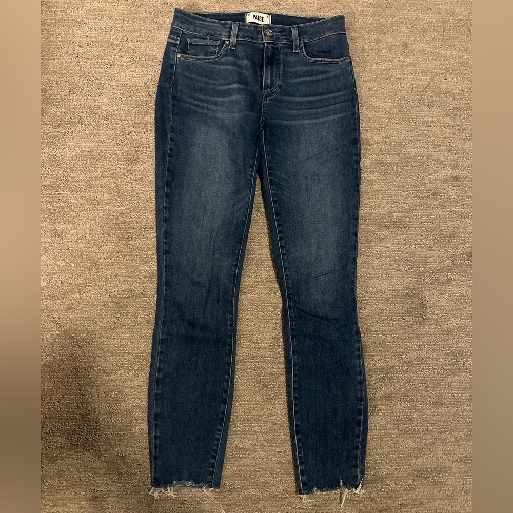 Paige dark wash distressed skinny jeans
